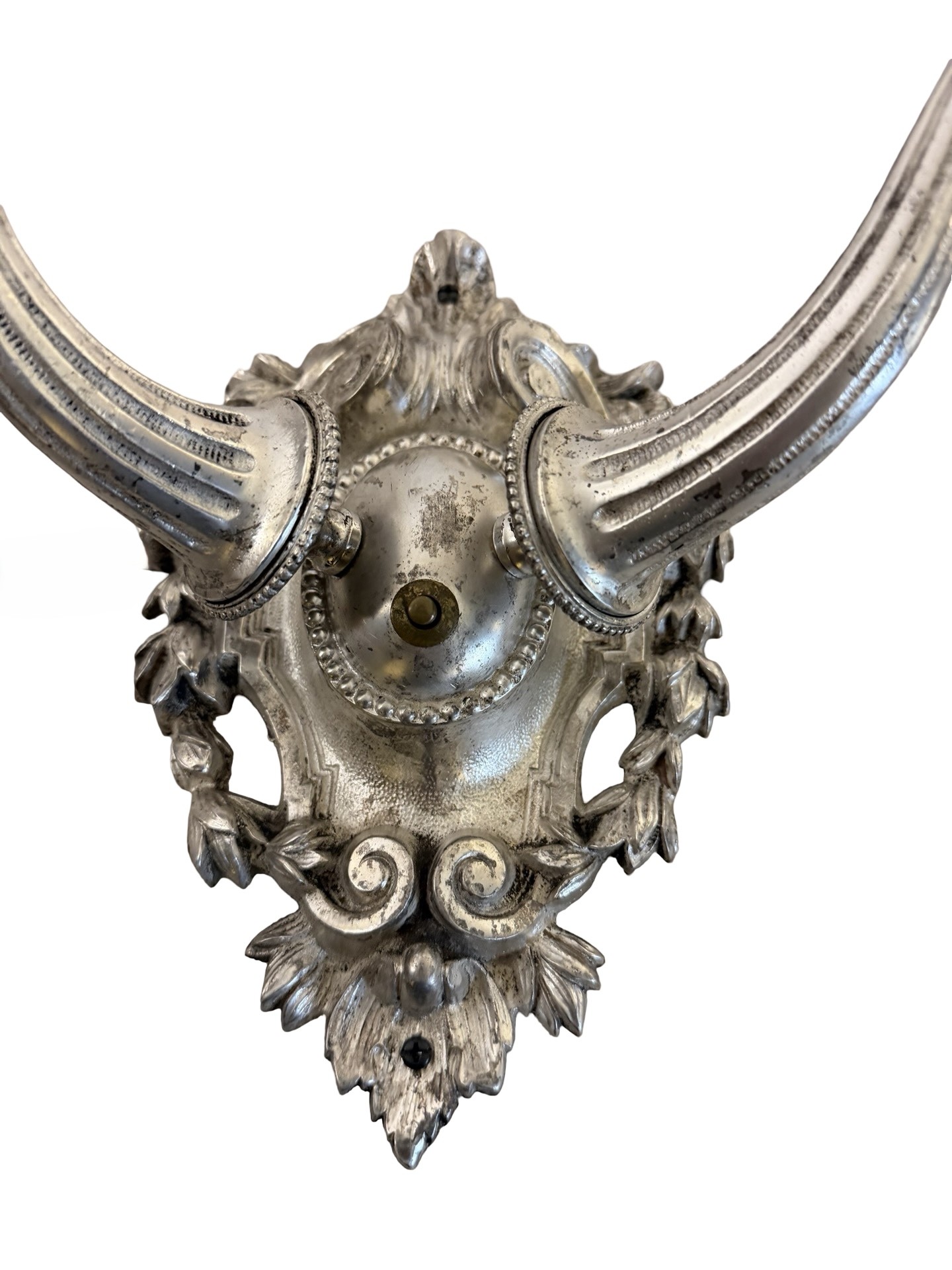 VL1363 Antique c1915 Silver Plated Cast Bronze 2-Arm Candle Sconce Restored - Image 7