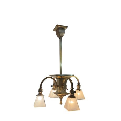 VL1345 Antique Vintage c1904 Craftsman Mission Brass 4-Arm Chandelier Restored