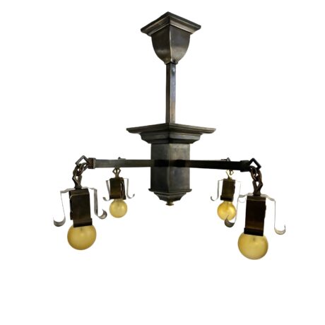 VL1362 Antique c1910 Brass Mission Craftsman 4-Arm Bare Bulb Chandelier Restored