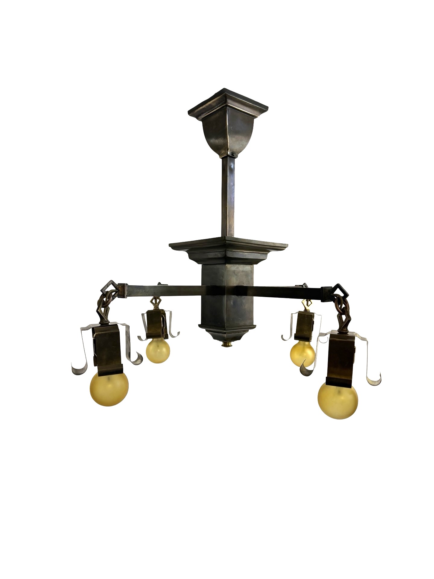 VL1362 Antique c1910 Brass Mission Craftsman 4-Arm Bare Bulb Chandelier Restored