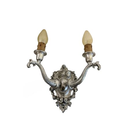 VL1363 Antique c1915 Silver Plated Cast Bronze 2-Arm Candle Sconce Restored