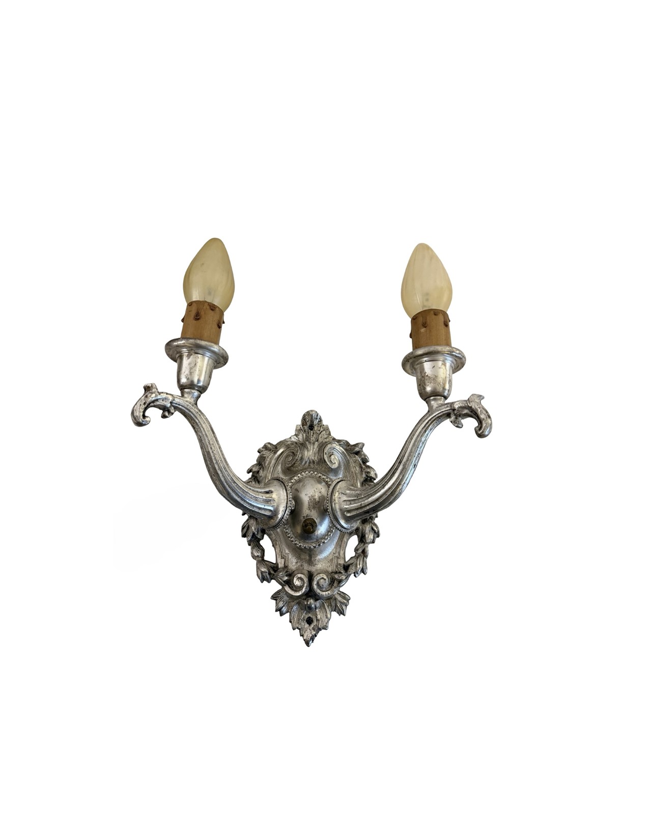 VL1363 Antique c1915 Silver Plated Cast Bronze 2-Arm Candle Sconce Restored