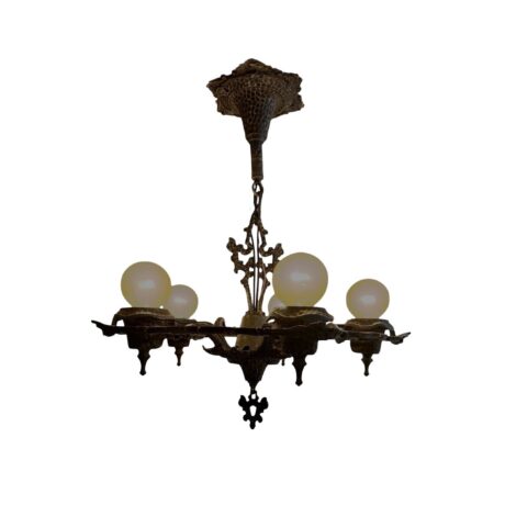 VL1357 Antique c1920 Cast Iron Halcolite 5-Light Bare Bulb Chandelier Restored