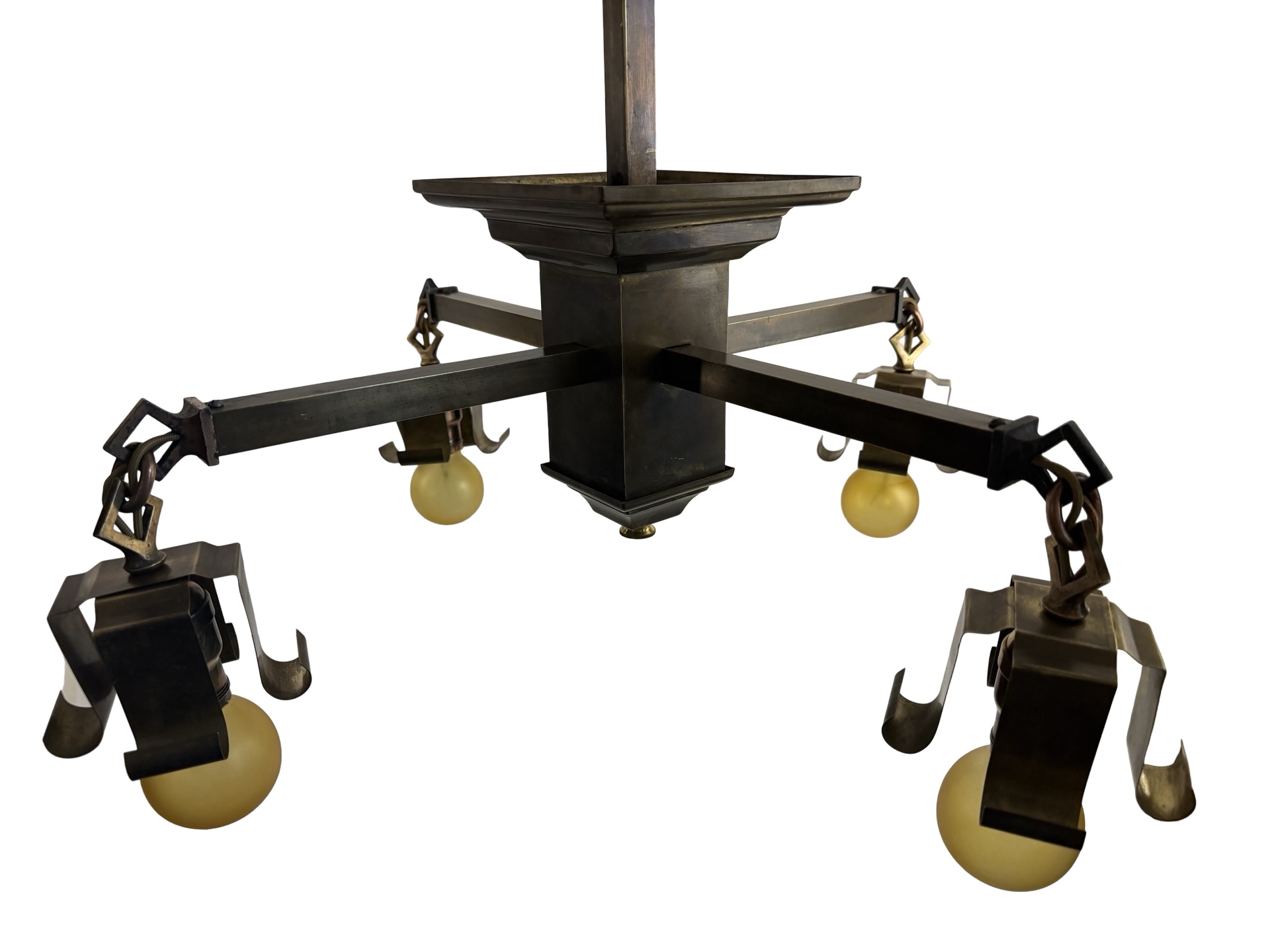 VL1362 Antique c1910 Brass Mission Craftsman 4-Arm Bare Bulb Chandelier Restored - Image 3