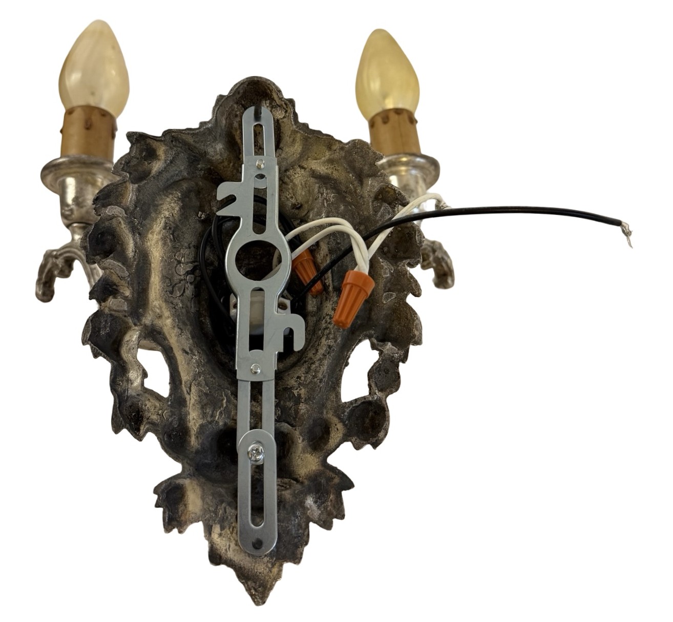 VL1363 Antique c1915 Silver Plated Cast Bronze 2-Arm Candle Sconce Restored - Image 9