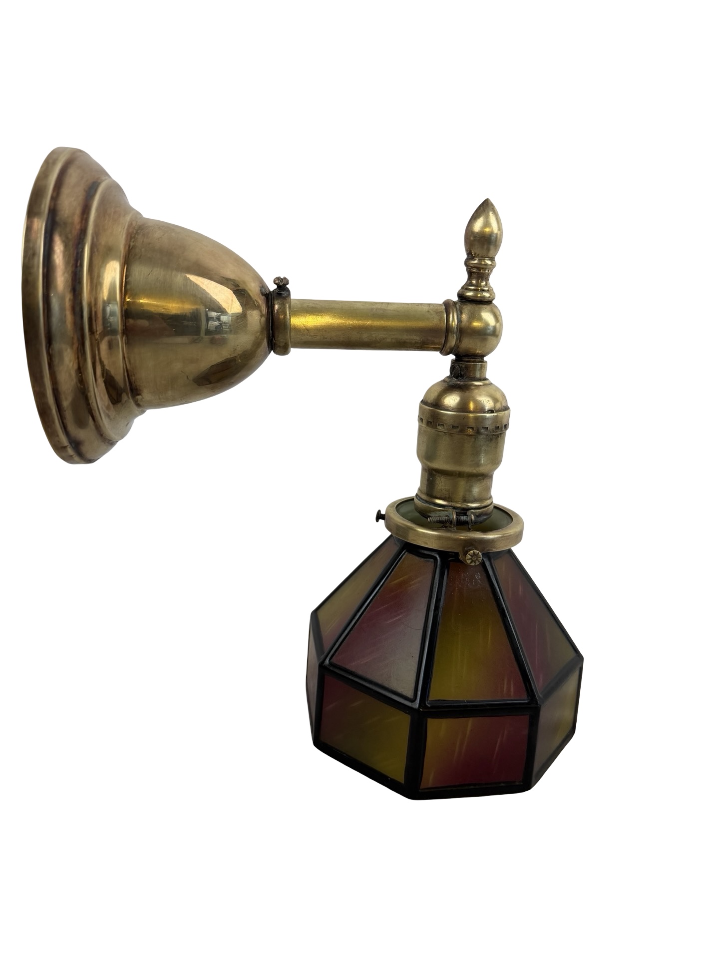 VL1365 Antique c1900 Brass Sconce Uranium Glass Hexagon Shade Mint Rare Restored