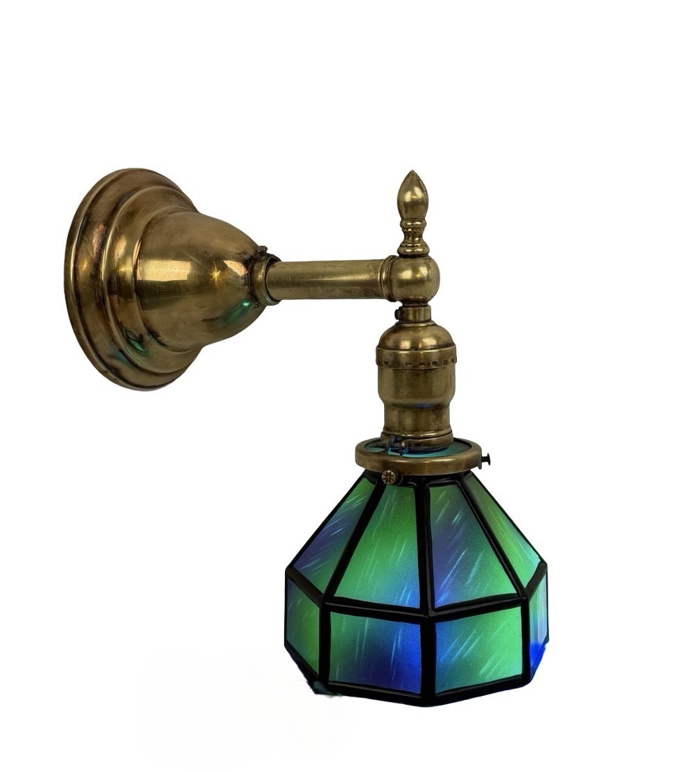 VL1365 Antique c1900 Brass Sconce Uranium Glass Hexagon Shade Mint Rare Restored - Image 3
