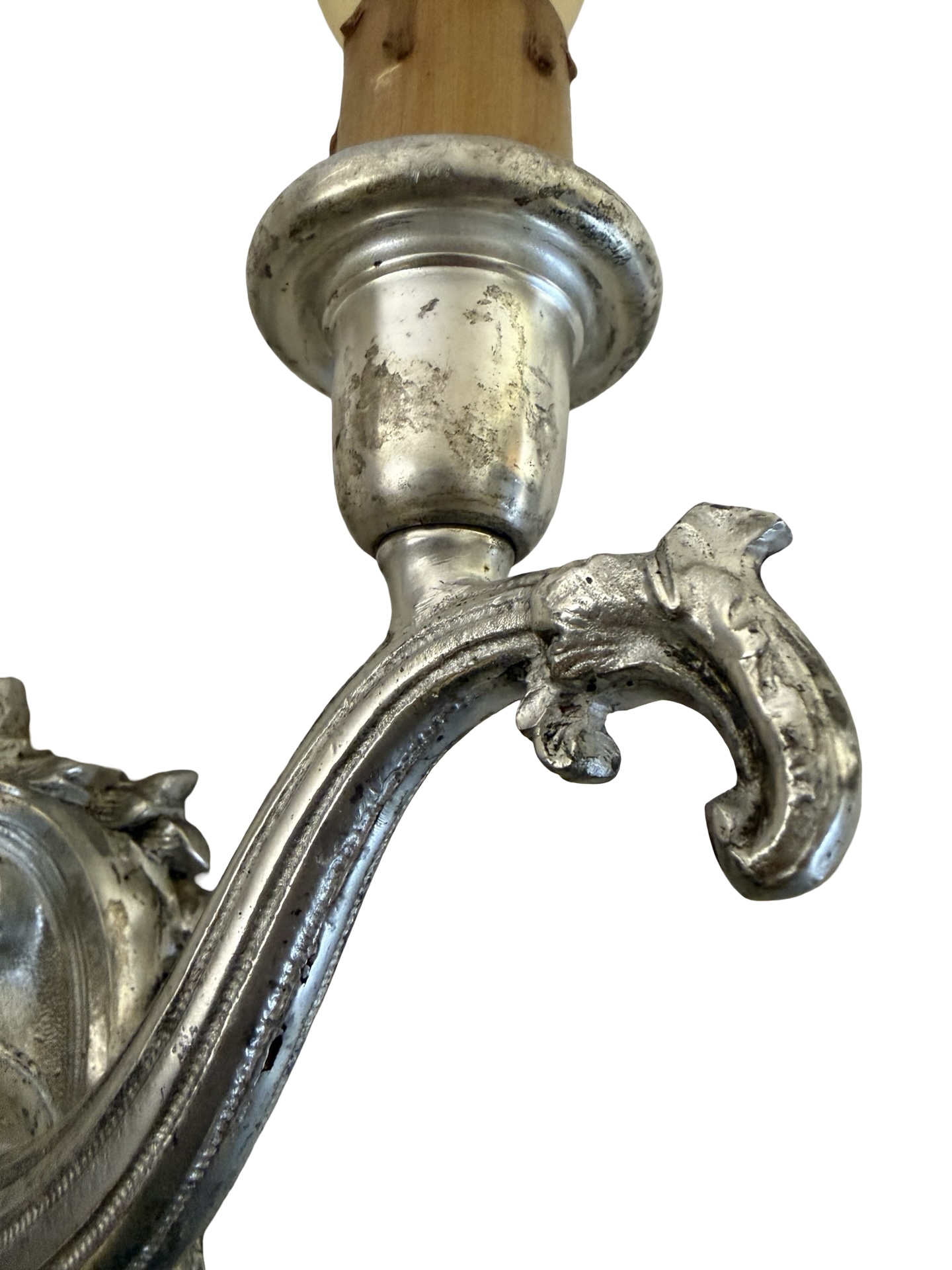 VL1363 Antique c1915 Silver Plated Cast Bronze 2-Arm Candle Sconce Restored - Image 5