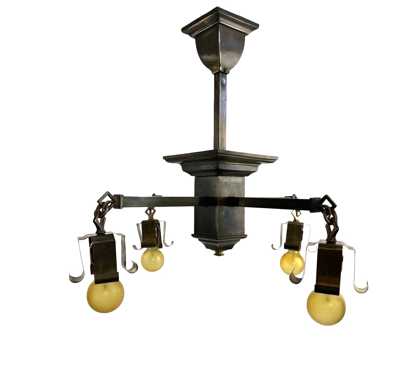 VL1362 Antique c1910 Brass Mission Craftsman 4-Arm Bare Bulb Chandelier Restored - Image 2