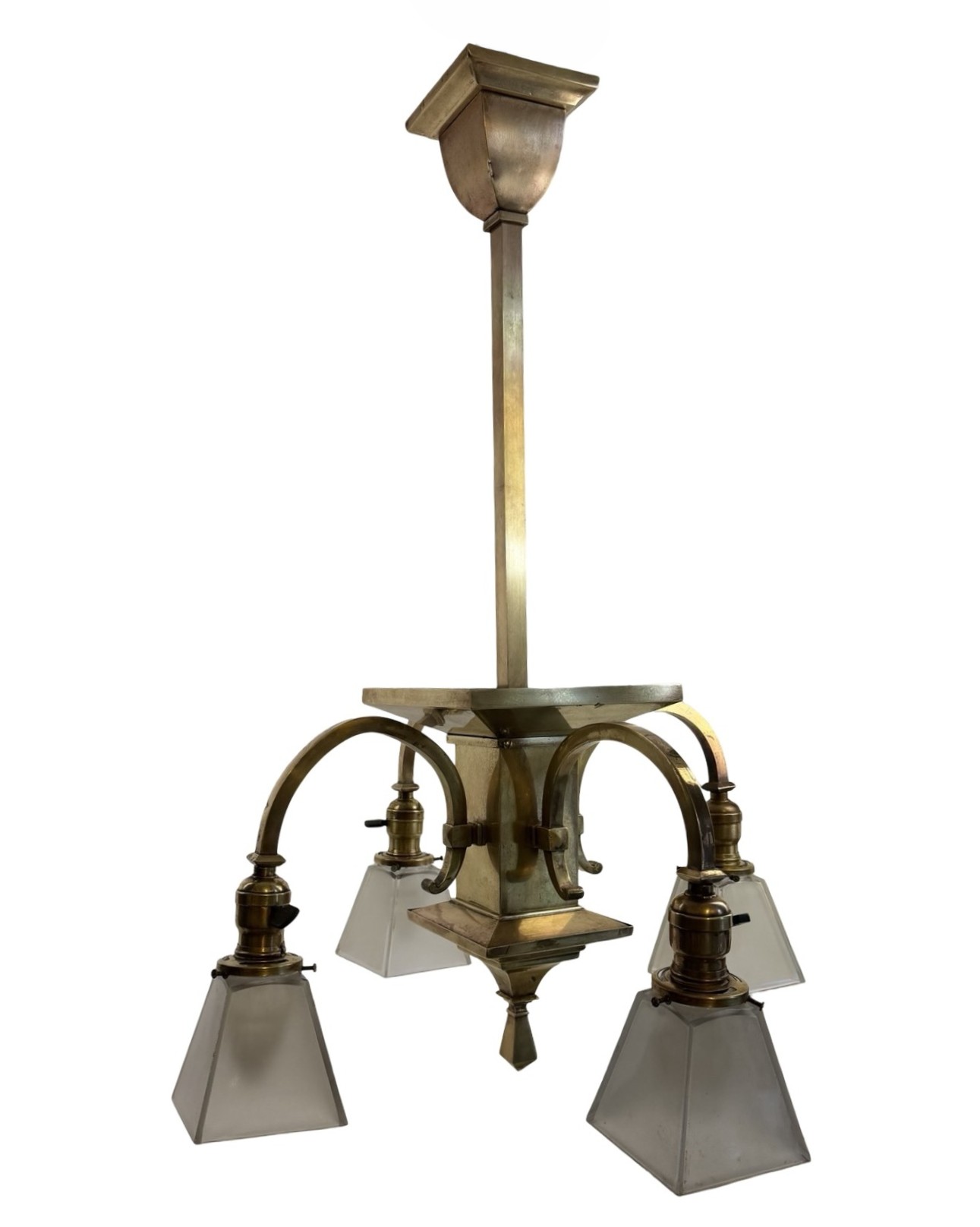 VL1345 Antique Vintage c1904 Craftsman Mission Brass 4-Arm Chandelier Restored - Image 2
