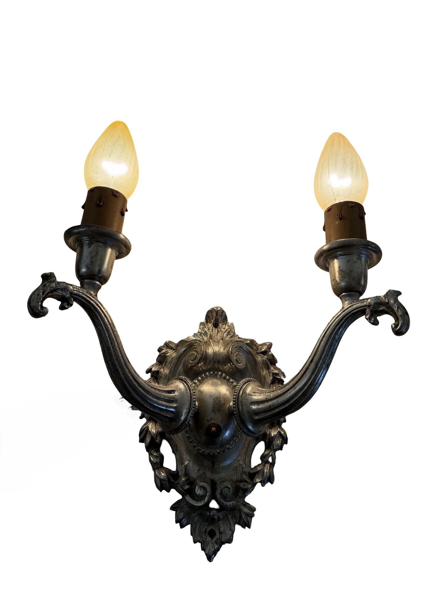 VL1363 Antique c1915 Silver Plated Cast Bronze 2-Arm Candle Sconce Restored - Image 2