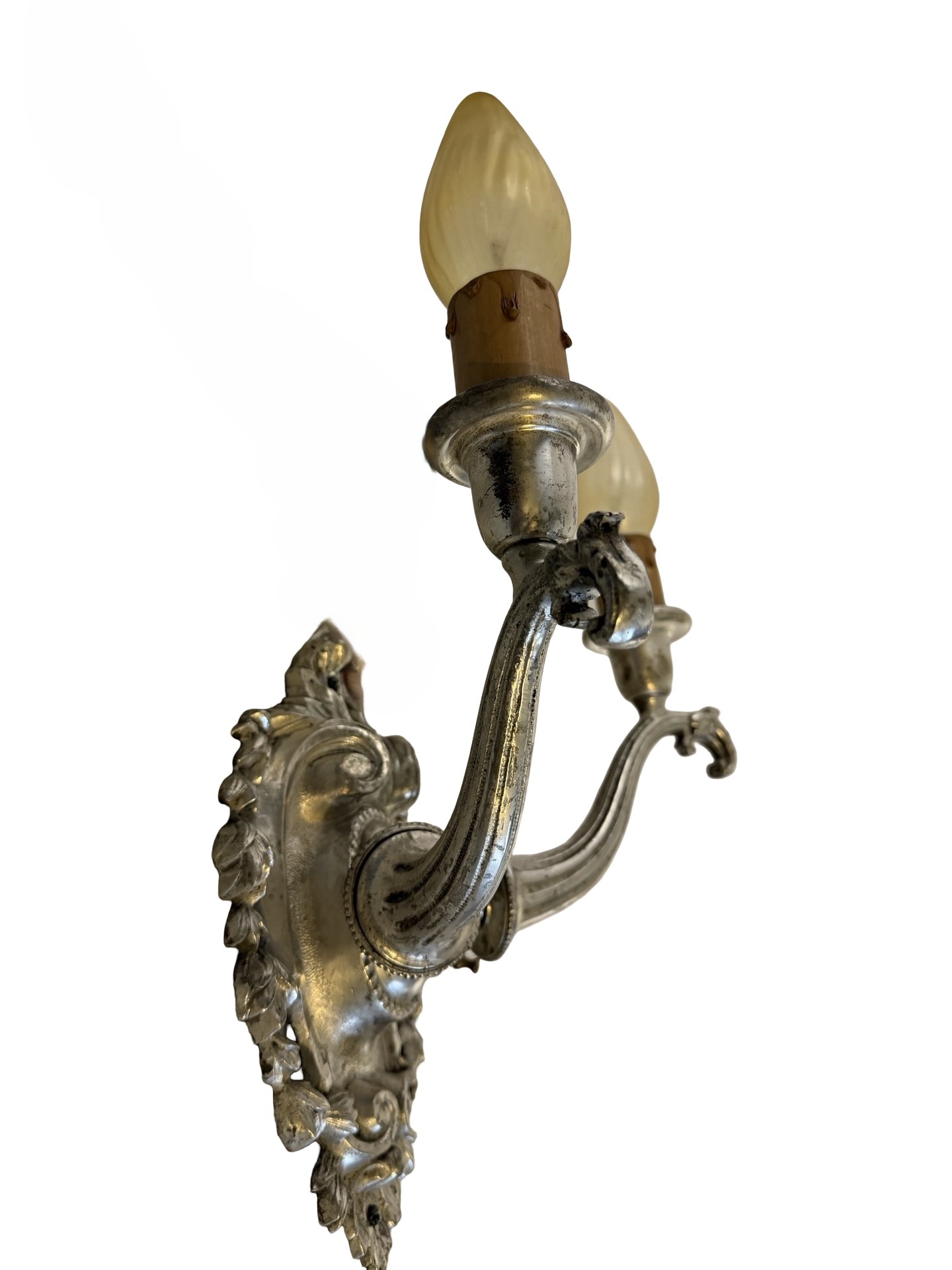 VL1363 Antique c1915 Silver Plated Cast Bronze 2-Arm Candle Sconce Restored - Image 3