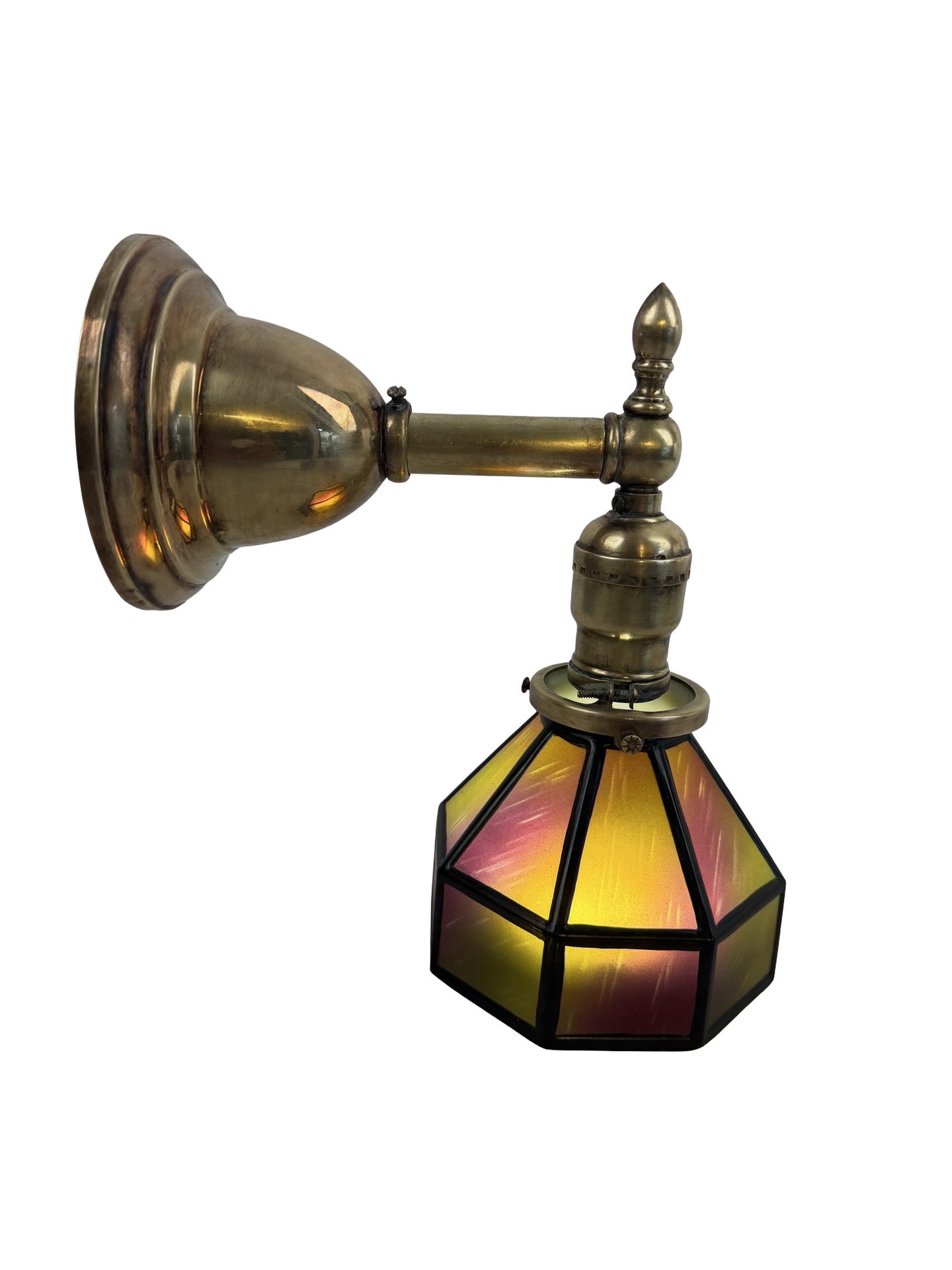 VL1365 Antique c1900 Brass Sconce Uranium Glass Hexagon Shade Mint Rare Restored - Image 2