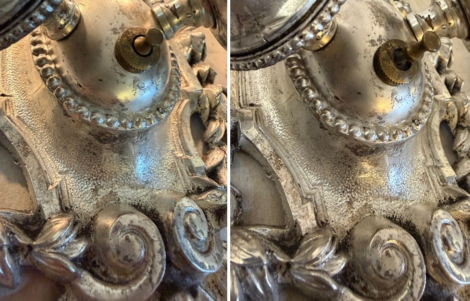 VL1363 Antique c1915 Silver Plated Cast Bronze 2-Arm Candle Sconce Restored - Image 6
