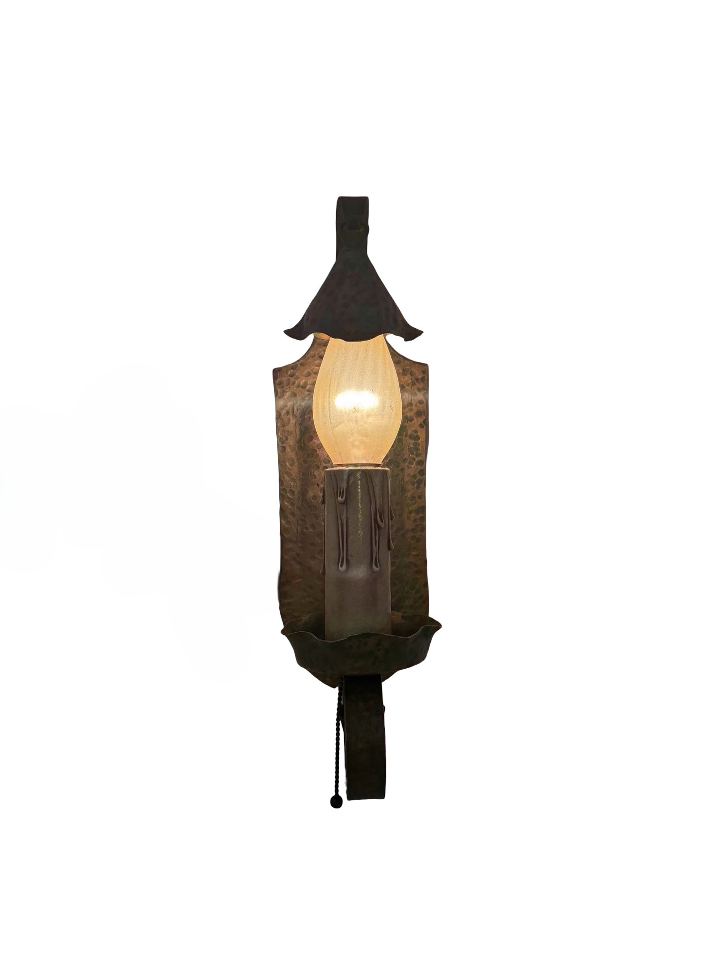 VL1373 Pr Antique c1915 Hammered Copper Plated Iron Sconces Smoke Bells Restored - Image 5