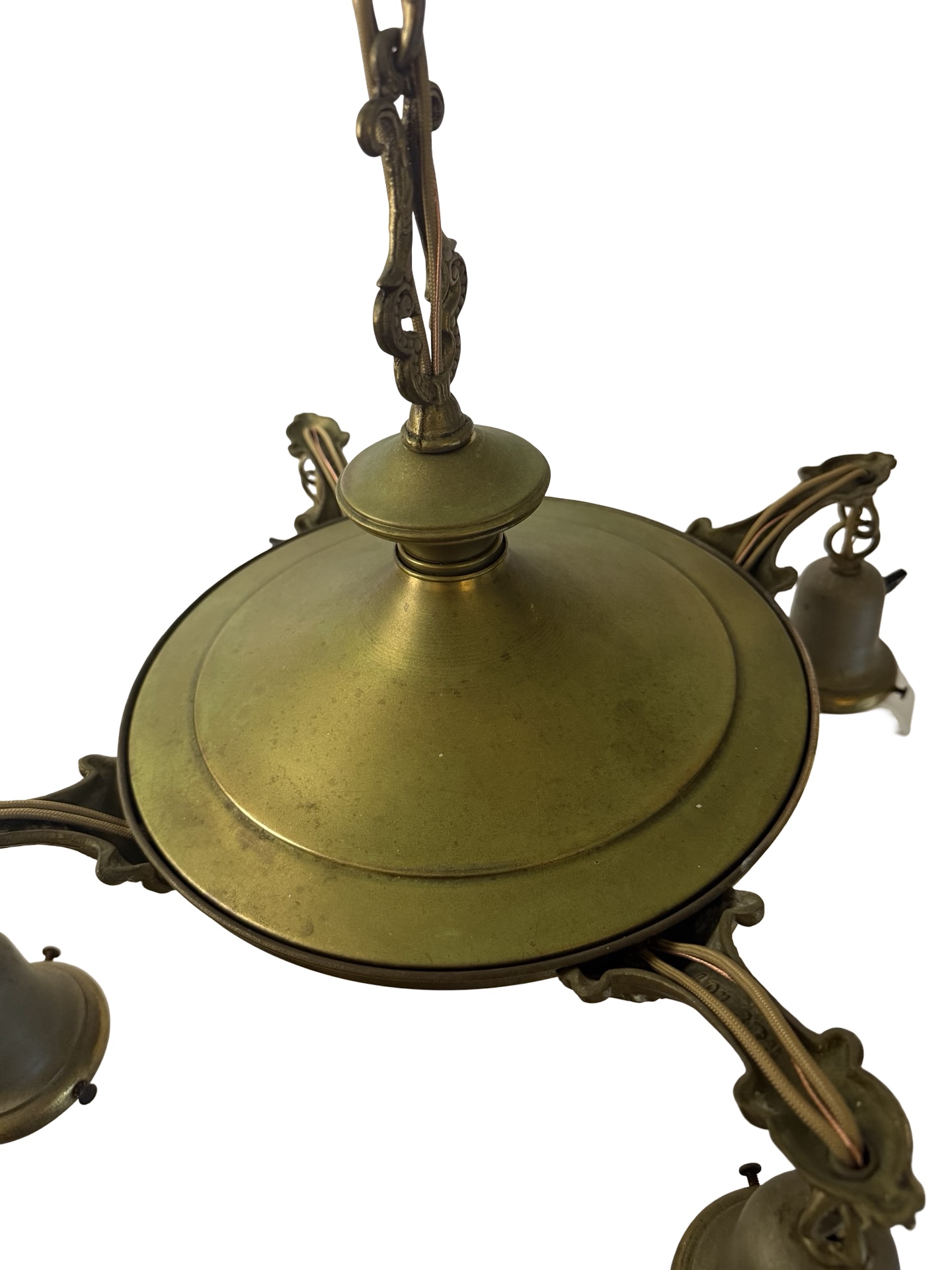 VL1355 Antique c1920 Brass Pan 4-Light Chandelier Embossed Rose Shades Restored - Image 3