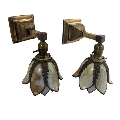 VL1368 Pair Antique Brass 1910 Sconces Williamson Slumped Petal Shades Mint RARE