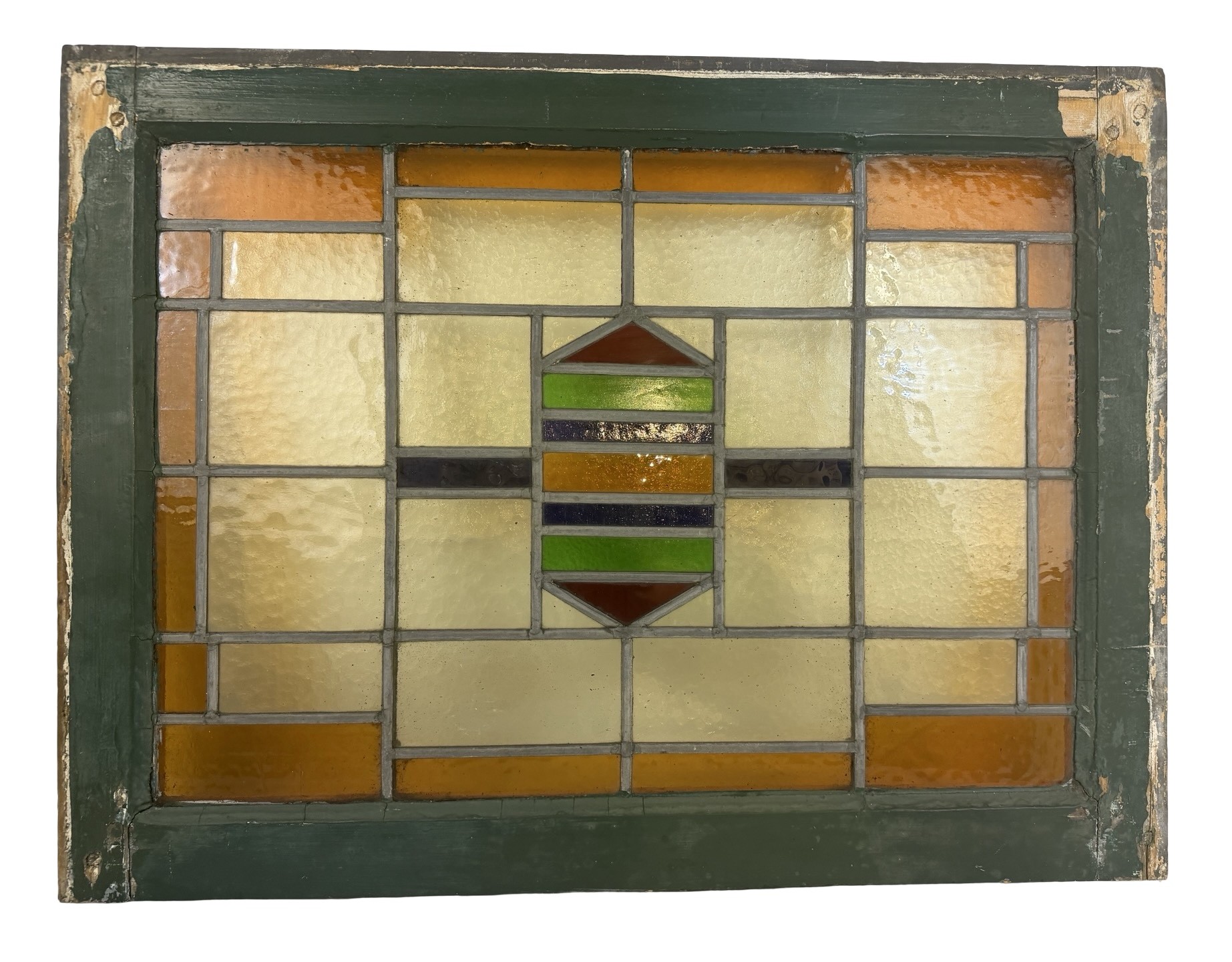 AG1100 Antique c1910 Craftsman Stained Glass Transom Window Geometric Pattern - Image 2