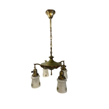 VL1355 Antique c1920 Brass Pan 4-Light Chandelier Embossed Rose Shades Restored