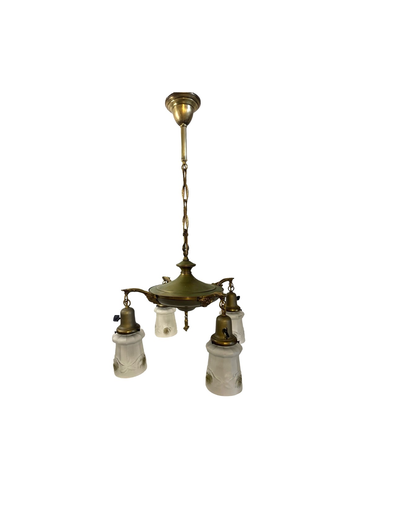 VL1355 Antique c1920 Brass Pan 4-Light Chandelier Embossed Rose Shades Restored