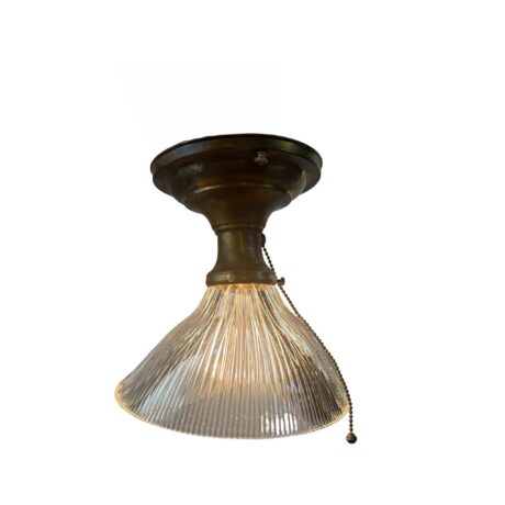 VL1382 Antique c1912 Brass Semi Flush Mount Light Angled Holophane Shade Mint