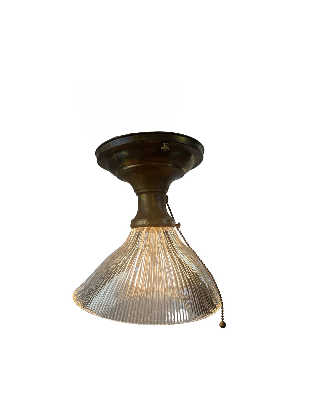 VL1382 Antique c1912 Brass Semi Flush Mount Light Angled Holophane Shade Mint