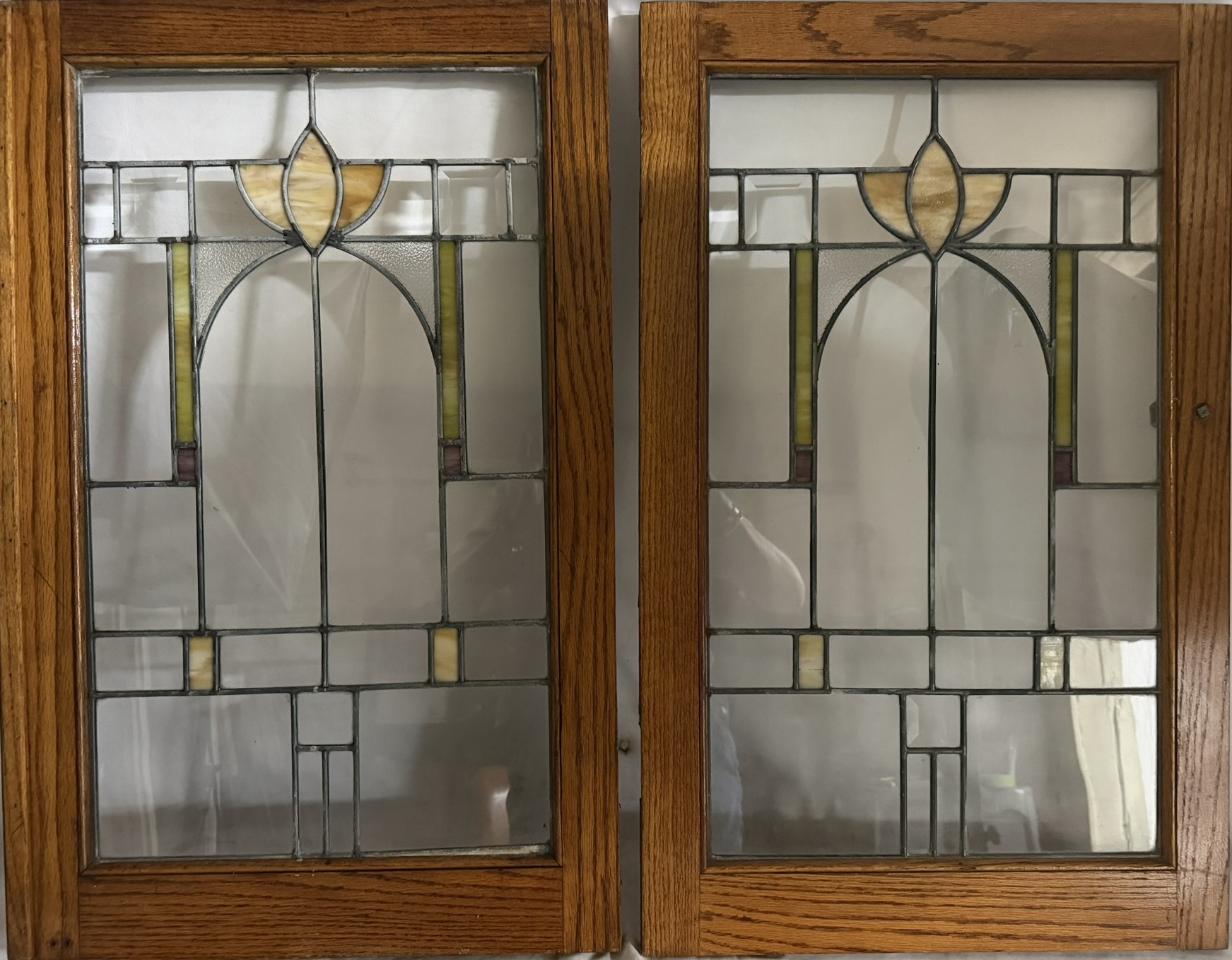 AG1099 Pair Craftsman c1915 Cabinet Doors Tulip Lotus Flower Pattern Restored - Image 2