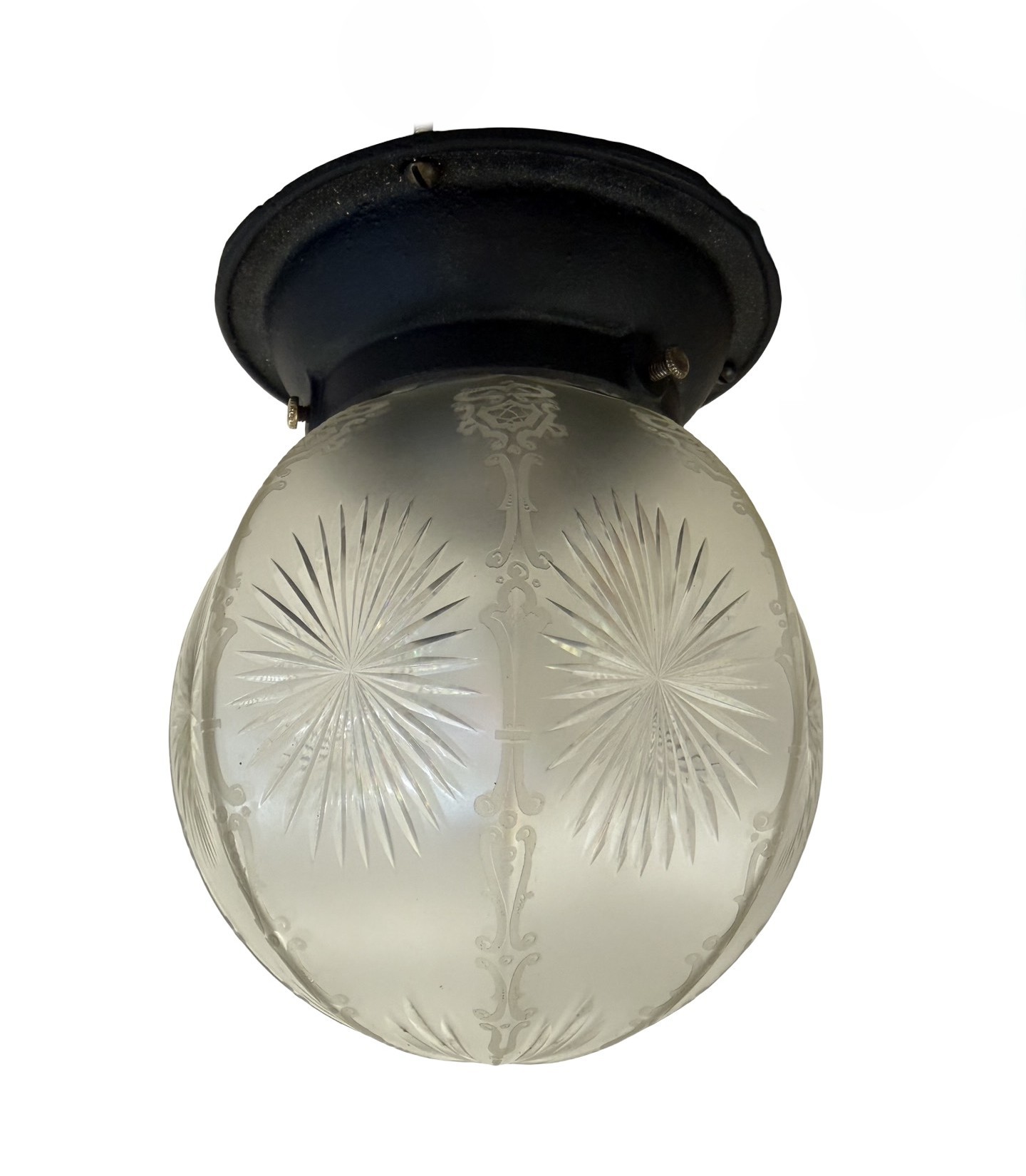 VL1379 Antique c1910 Semi-Flush Mount Light Wheel Cut Etched Shade Restored - Image 2