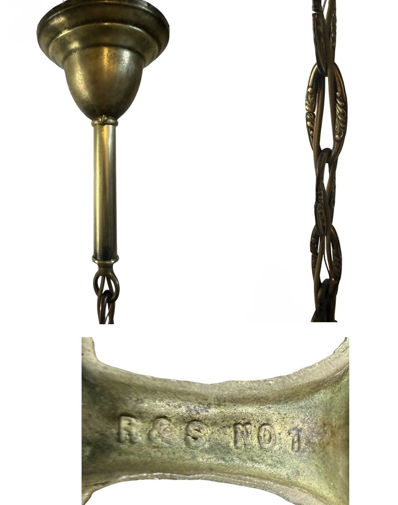 VL1355 Antique c1920 Brass Pan 4-Light Chandelier Embossed Rose Shades Restored - Image 9