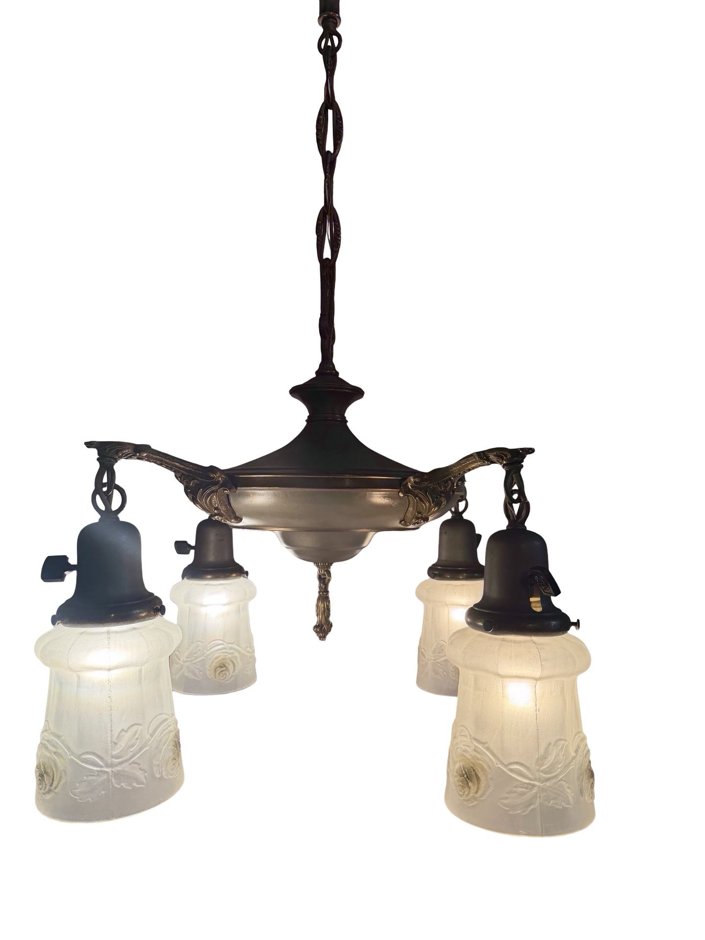 VL1355 Antique c1920 Brass Pan 4-Light Chandelier Embossed Rose Shades Restored - Image 7