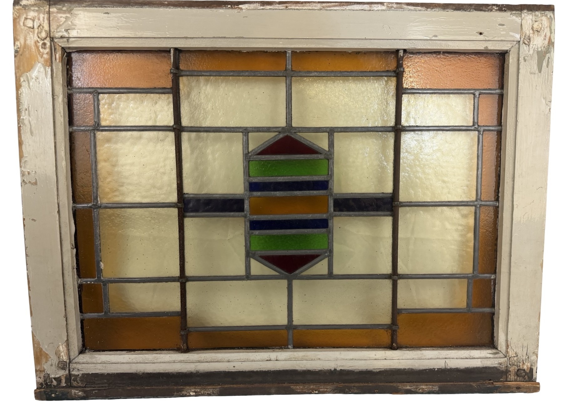 AG1100 Antique c1910 Craftsman Stained Glass Transom Window Geometric Pattern - Image 3