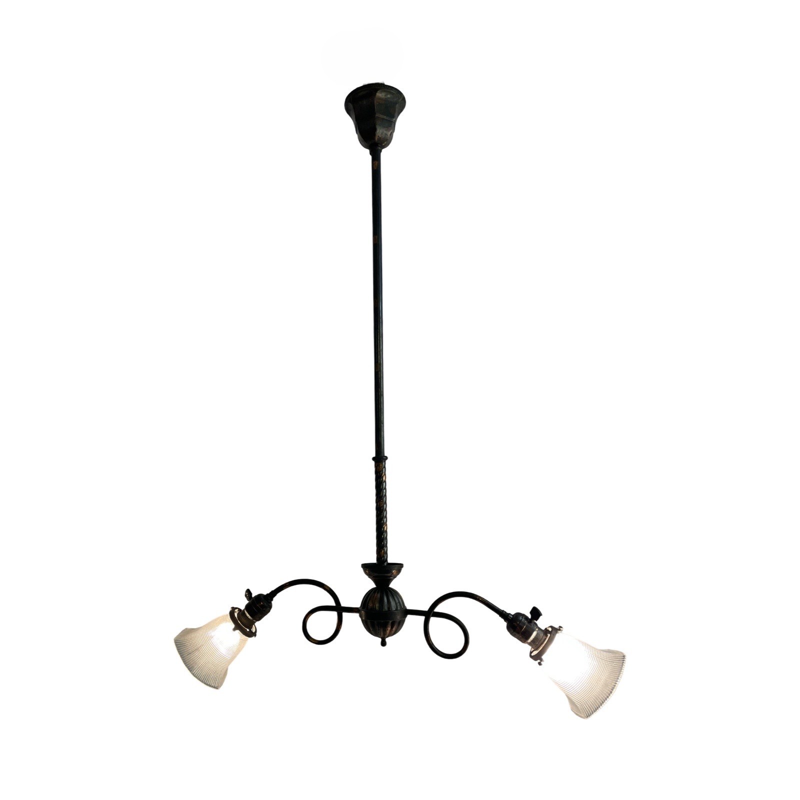 VL1384 Antique Victorian Japanned 1900 2-Lt Chandelier Holophane Shades Restored - Image 2