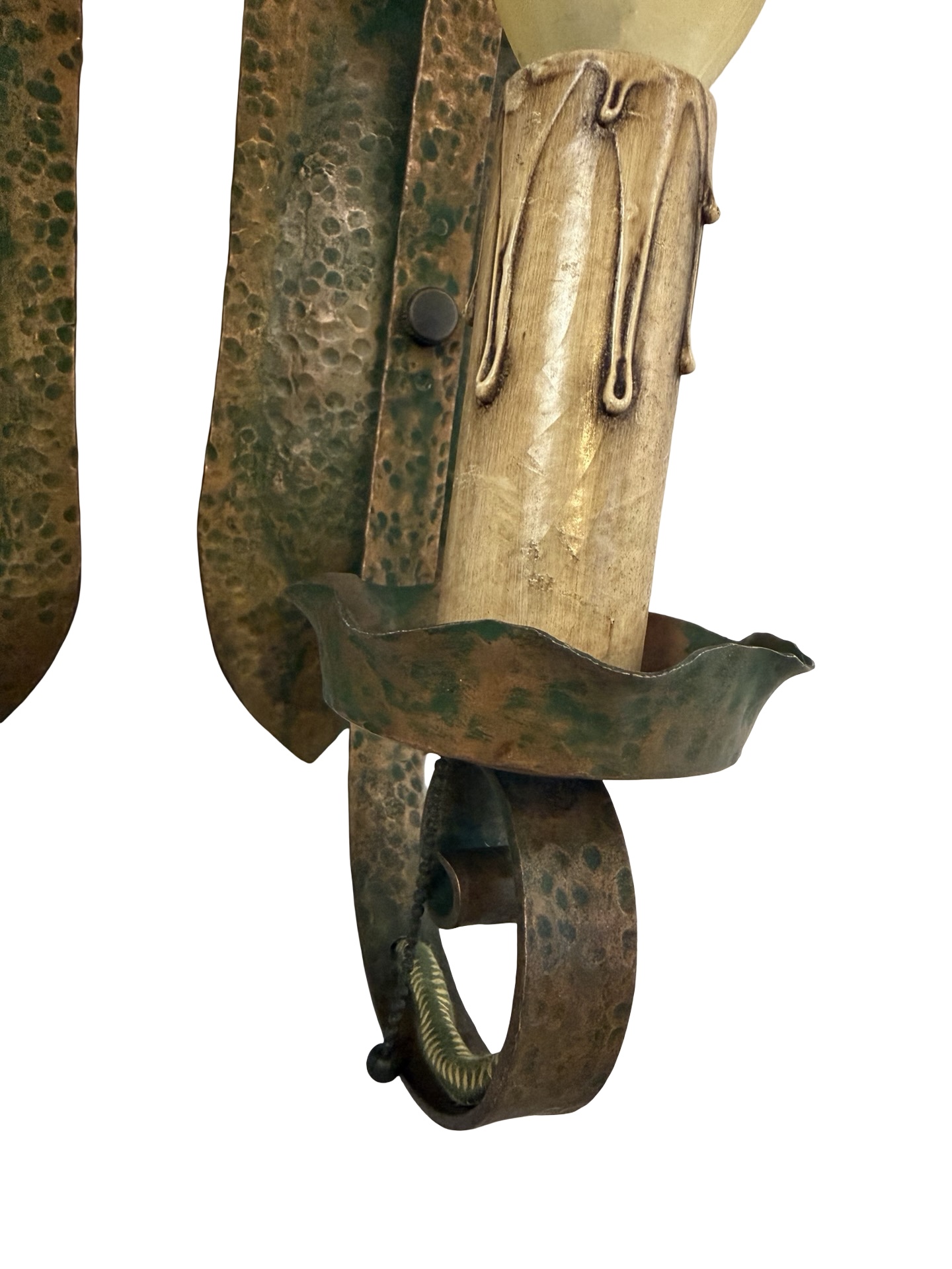 VL1373 Pr Antique c1915 Hammered Copper Plated Iron Sconces Smoke Bells Restored - Image 7
