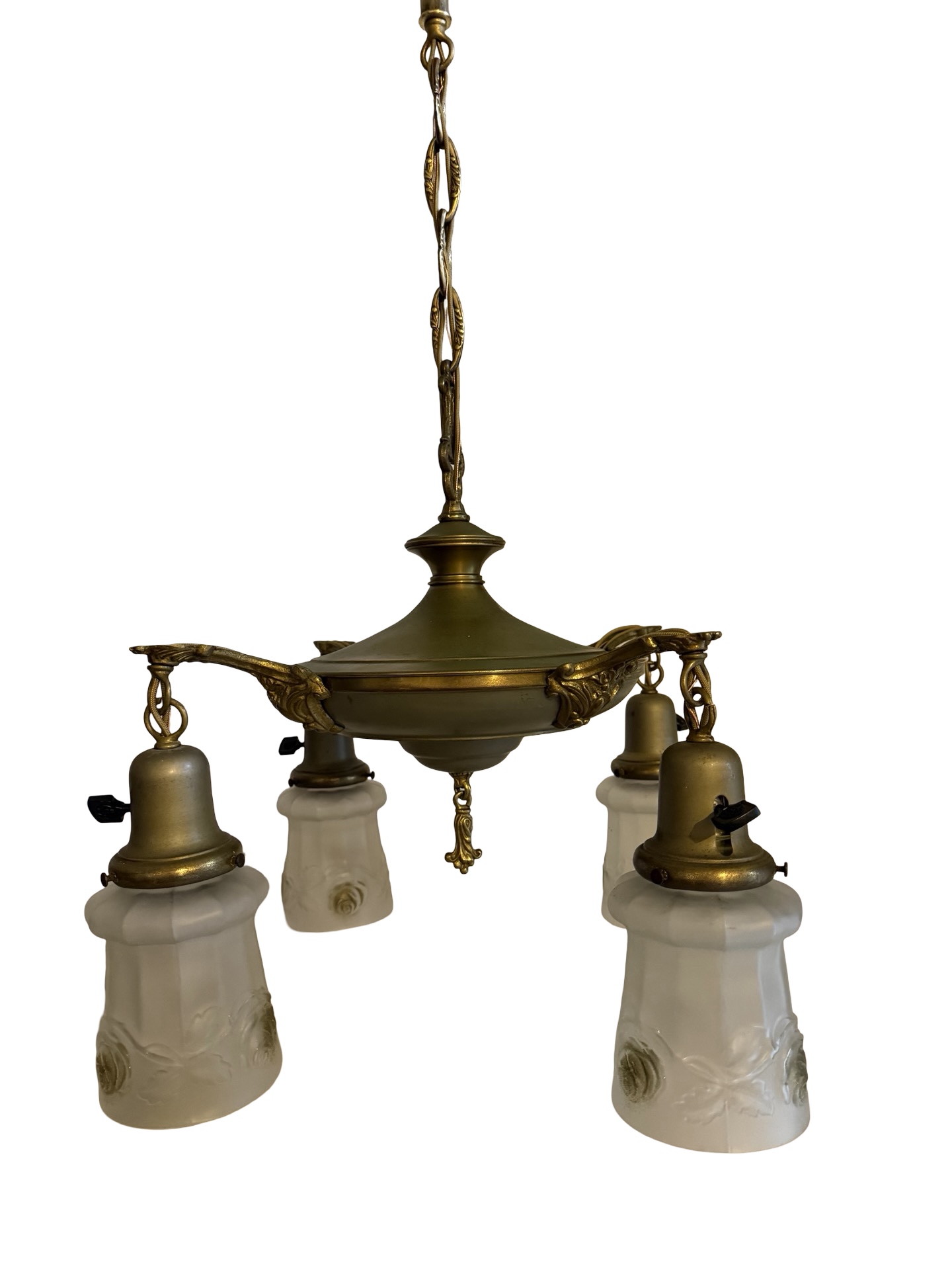 VL1355 Antique c1920 Brass Pan 4-Light Chandelier Embossed Rose Shades Restored - Image 6