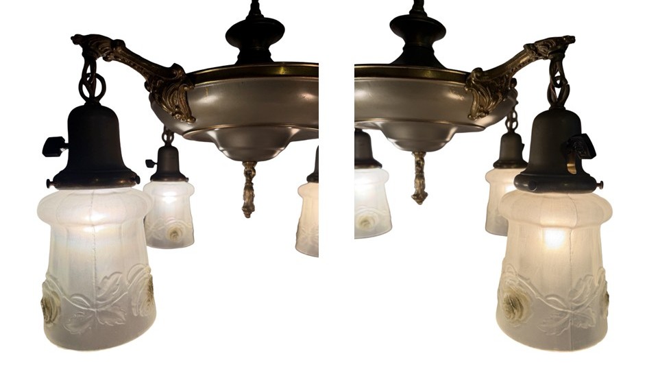 VL1355 Antique c1920 Brass Pan 4-Light Chandelier Embossed Rose Shades Restored - Image 8