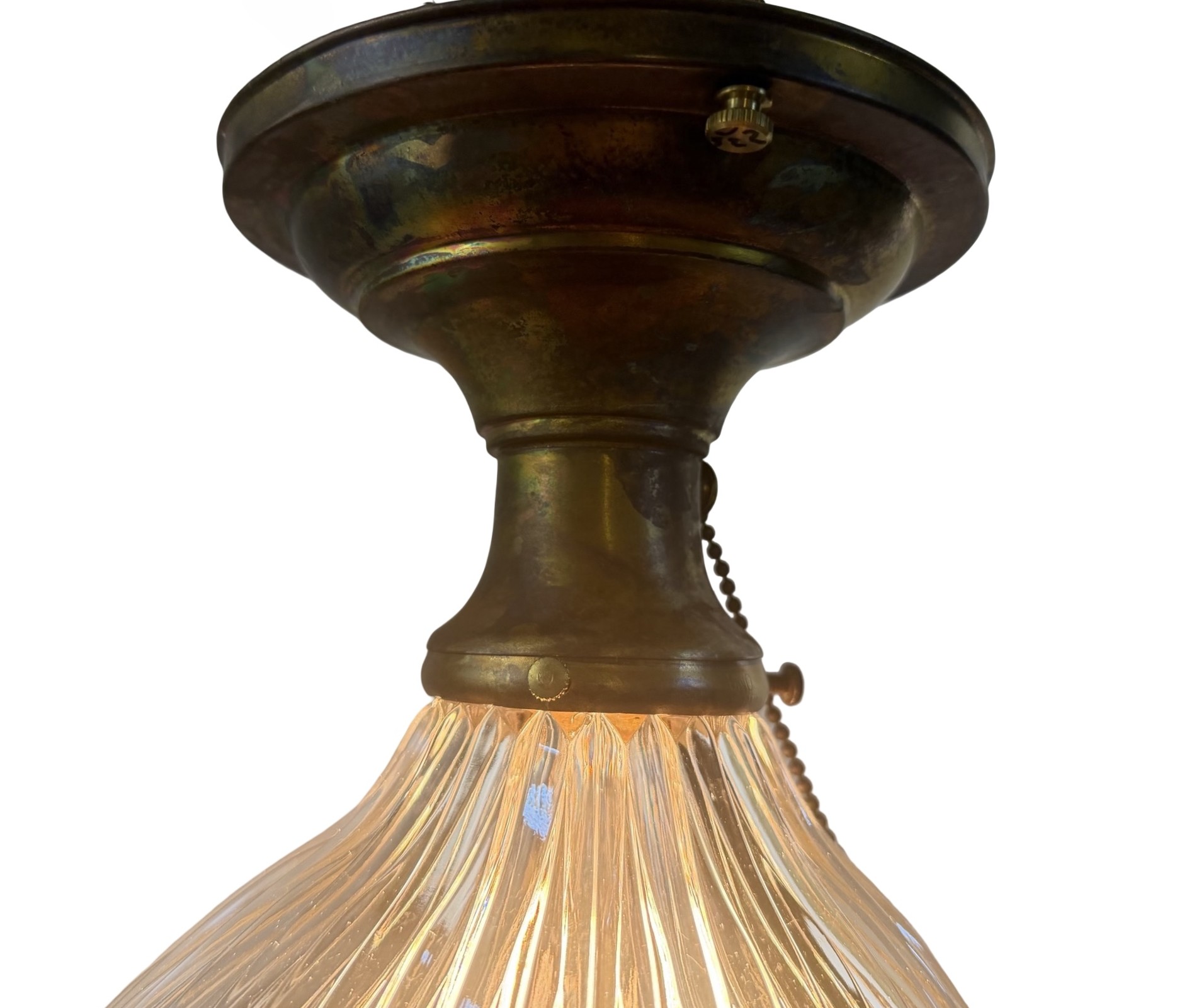 VL1382 Antique c1912 Brass Semi Flush Mount Light Angled Holophane Shade Mint - Image 3