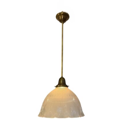 VL1390 Antique c1910 Brass Pole Pendant 12in Holophane Shade Restored