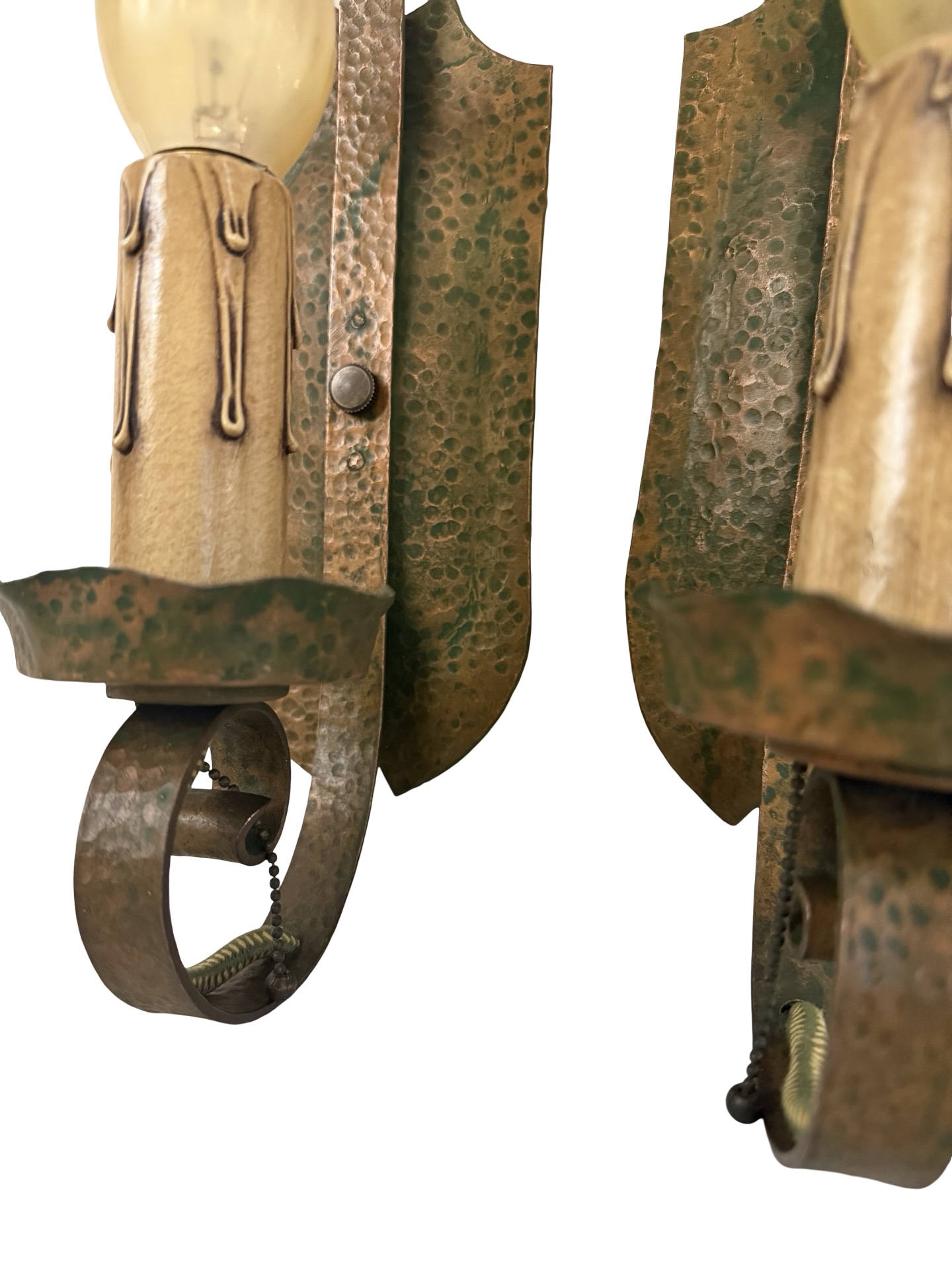 VL1373 Pr Antique c1915 Hammered Copper Plated Iron Sconces Smoke Bells Restored - Image 3