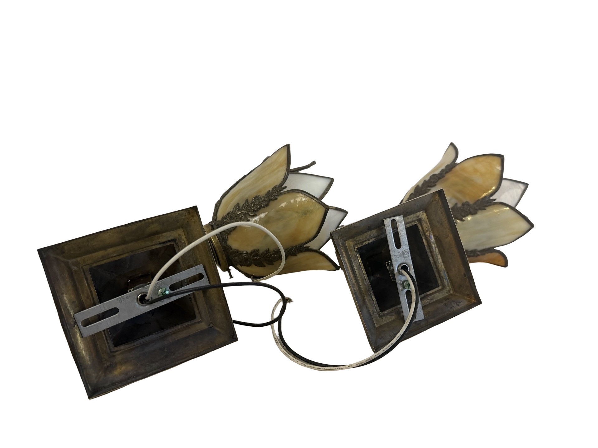 VL1368 Pair Antique Brass 1910 Sconces Williamson Slumped Petal Shades Mint RARE - Image 9