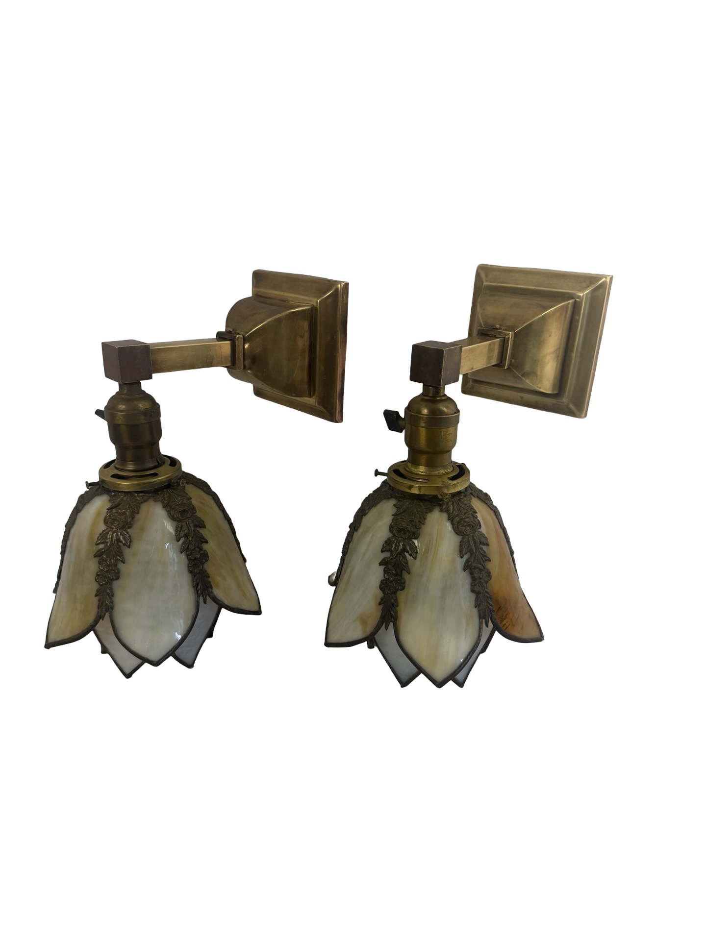 VL1368 Pair Antique Brass 1910 Sconces Williamson Slumped Petal Shades Mint RARE - Image 3