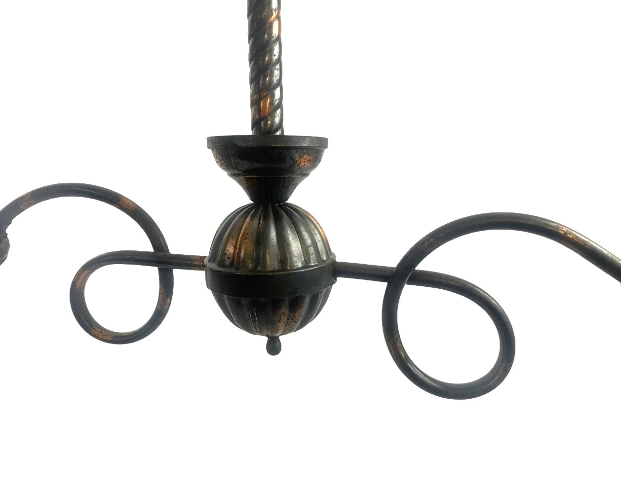 VL1384 Antique Victorian Japanned 1900 2-Lt Chandelier Holophane Shades Restored - Image 3