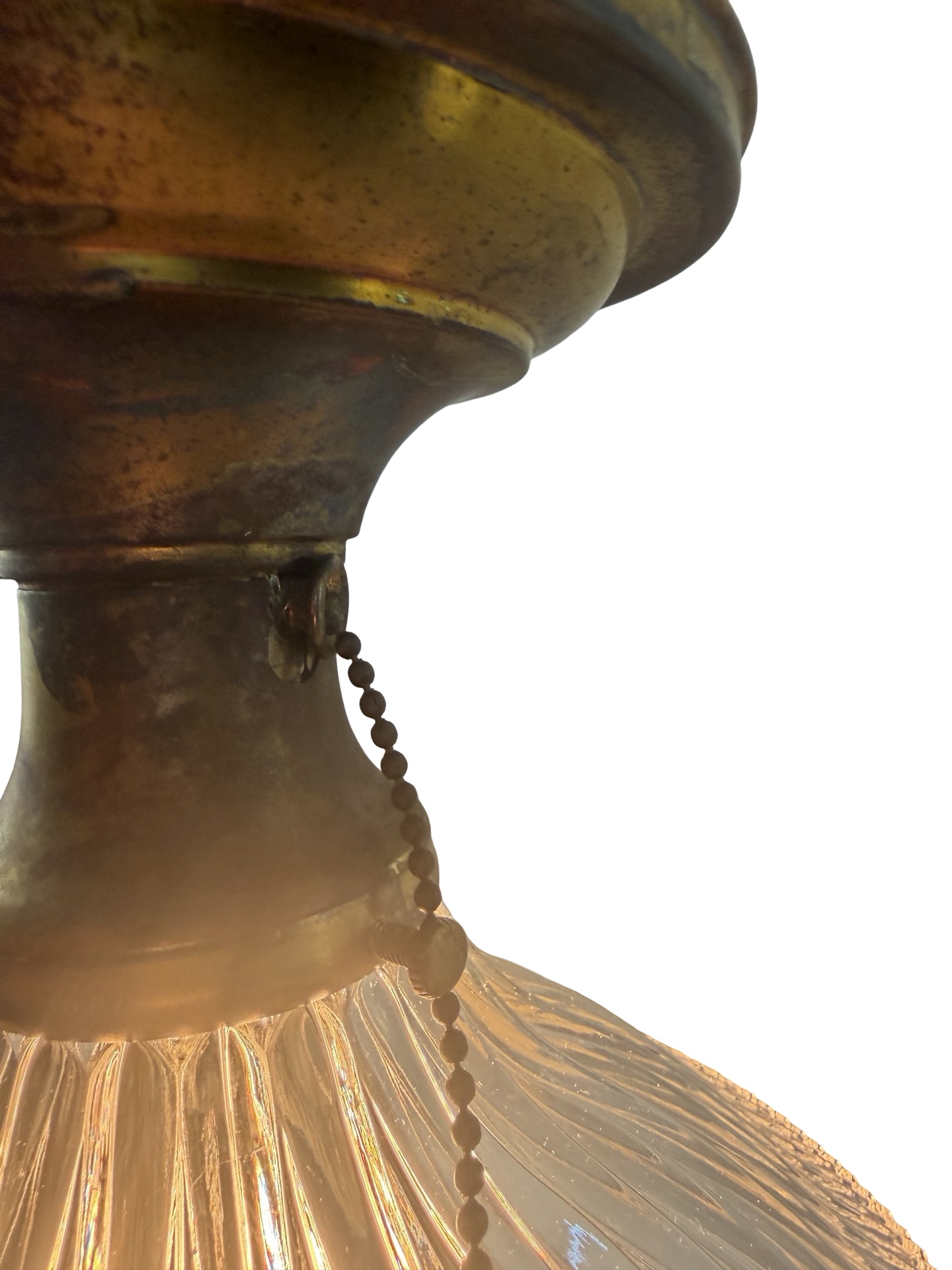 VL1382 Antique c1912 Brass Semi Flush Mount Light Angled Holophane Shade Mint - Image 4