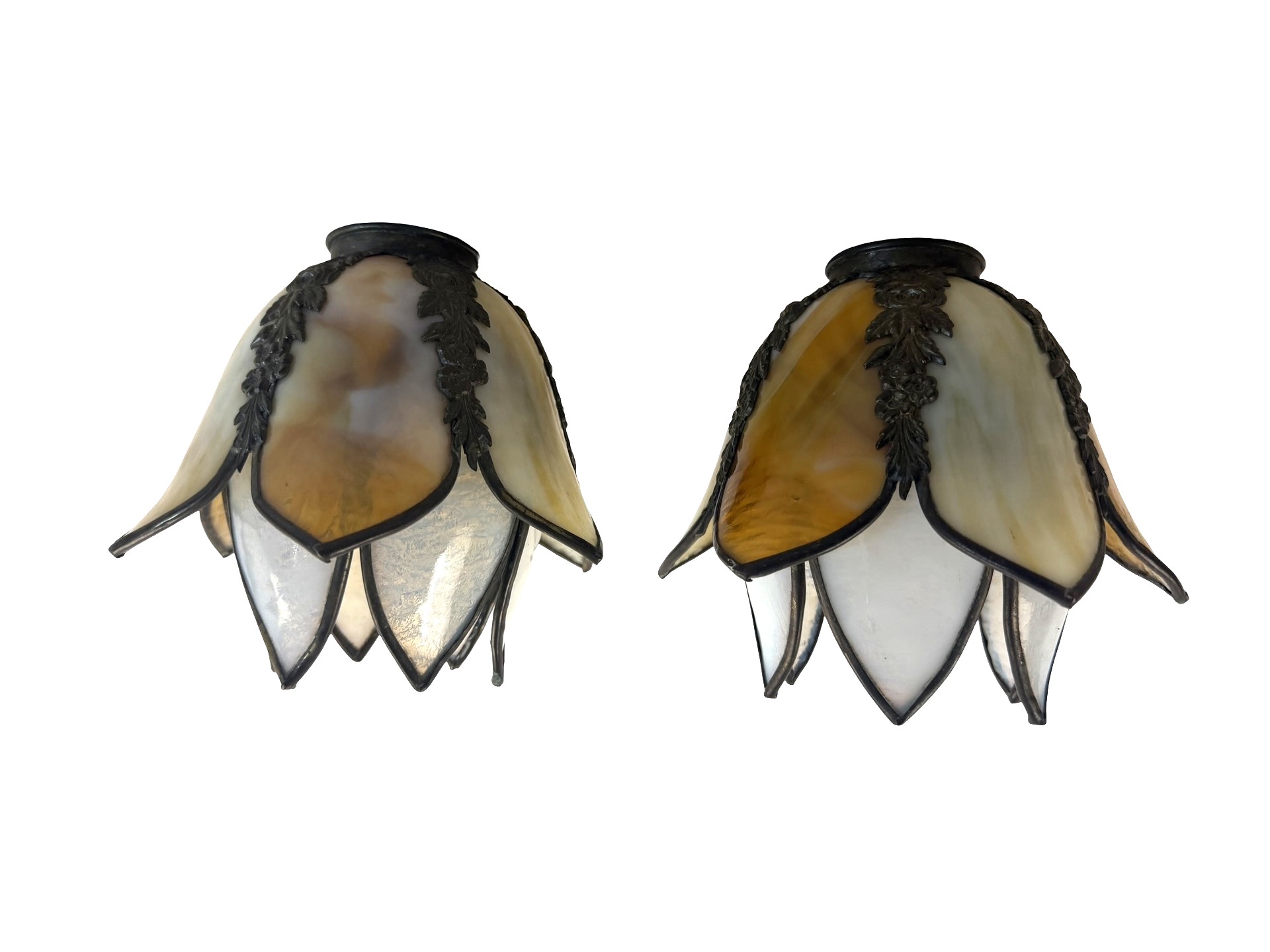 VL1368 Pair Antique Brass 1910 Sconces Williamson Slumped Petal Shades Mint RARE - Image 8
