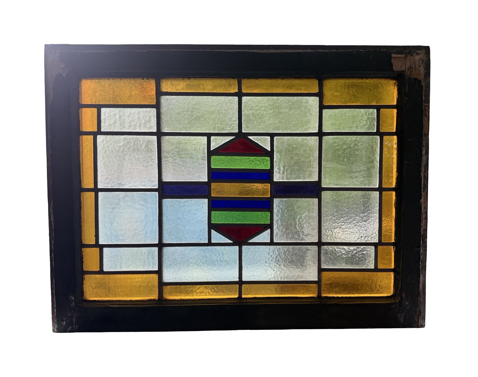 AG1100 Antique c1910 Craftsman Stained Glass Transom Window Geometric Pattern