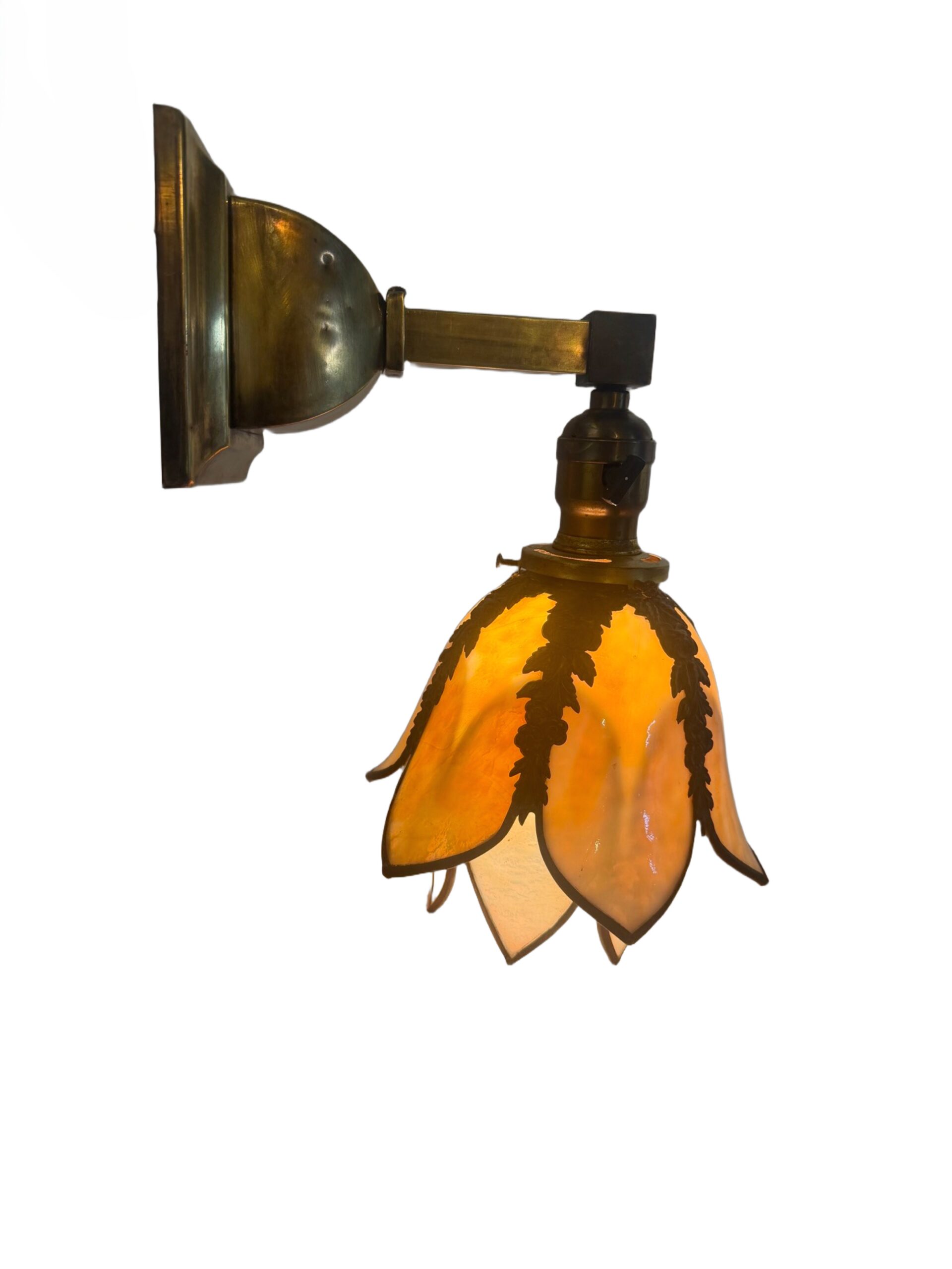 VL1368 Pair Antique Brass 1910 Sconces Williamson Slumped Petal Shades Mint RARE - Image 4