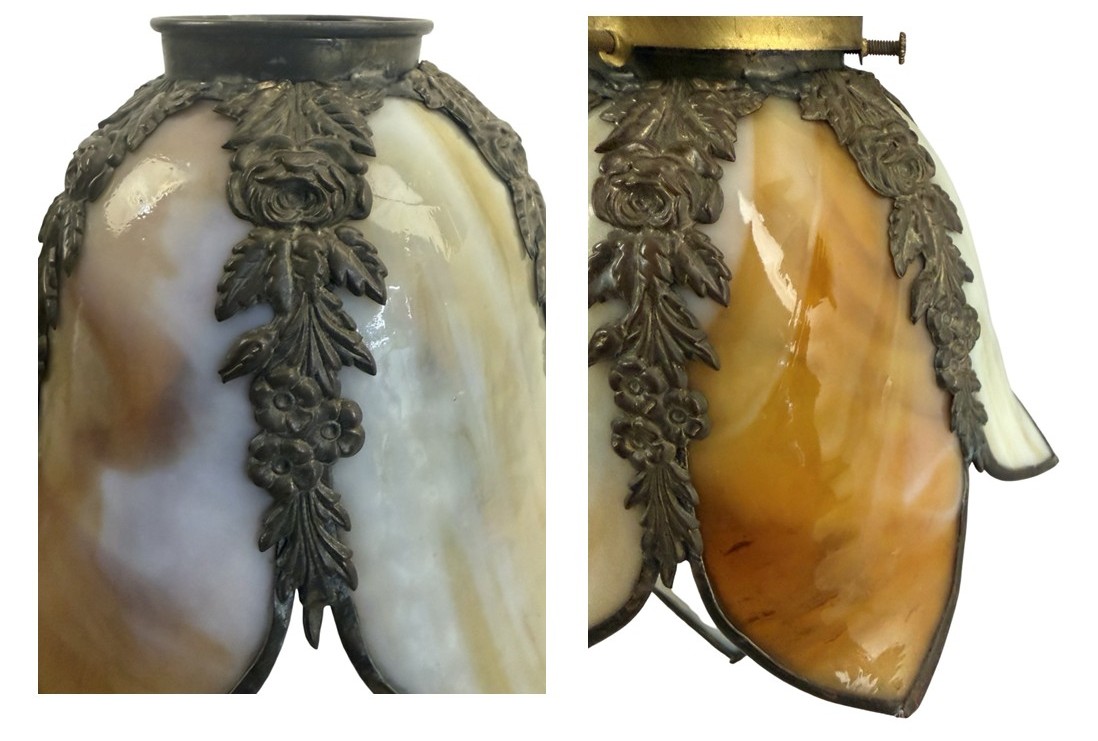 VL1368 Pair Antique Brass 1910 Sconces Williamson Slumped Petal Shades Mint RARE - Image 6
