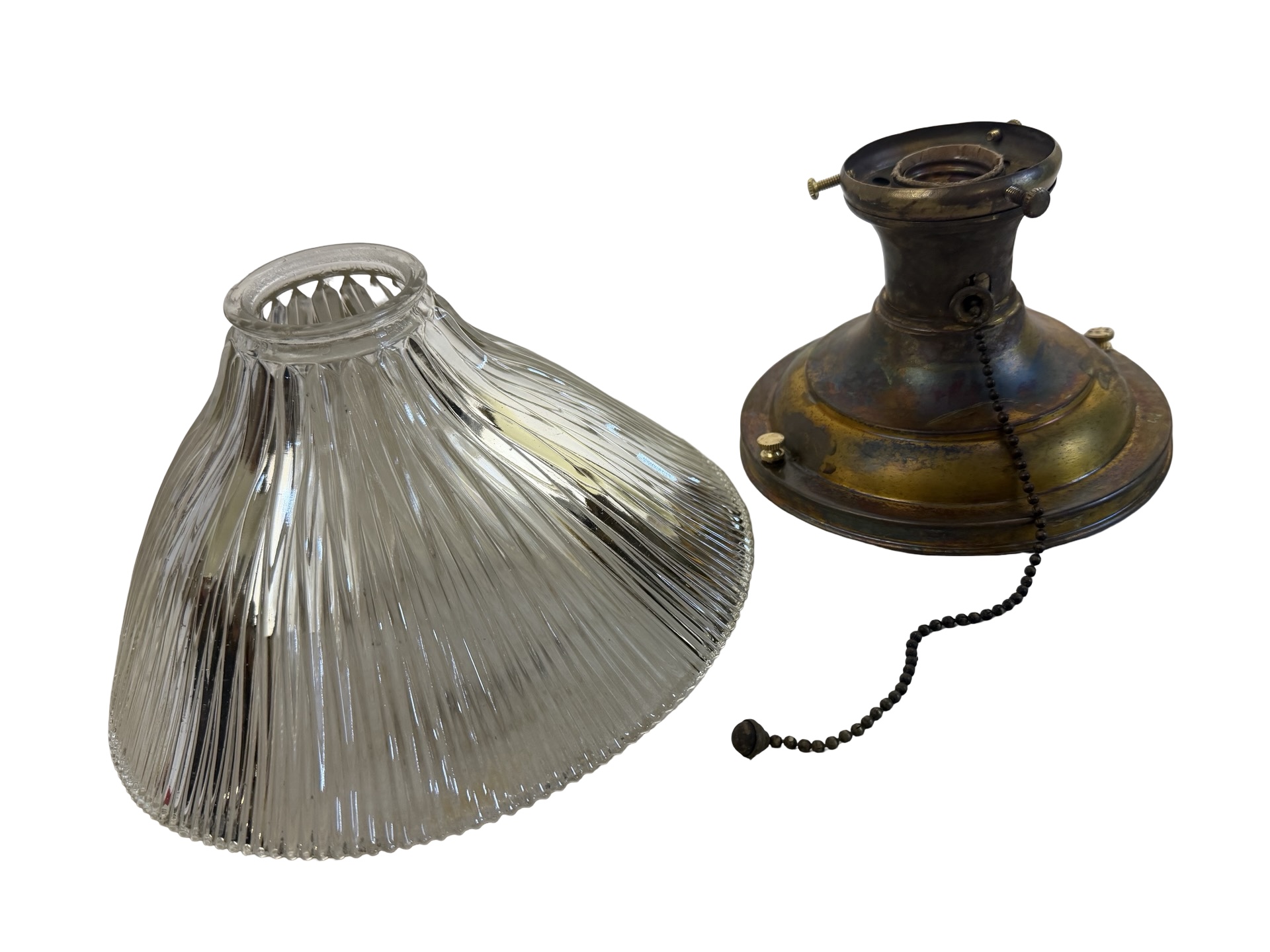 VL1382 Antique c1912 Brass Semi Flush Mount Light Angled Holophane Shade Mint - Image 8