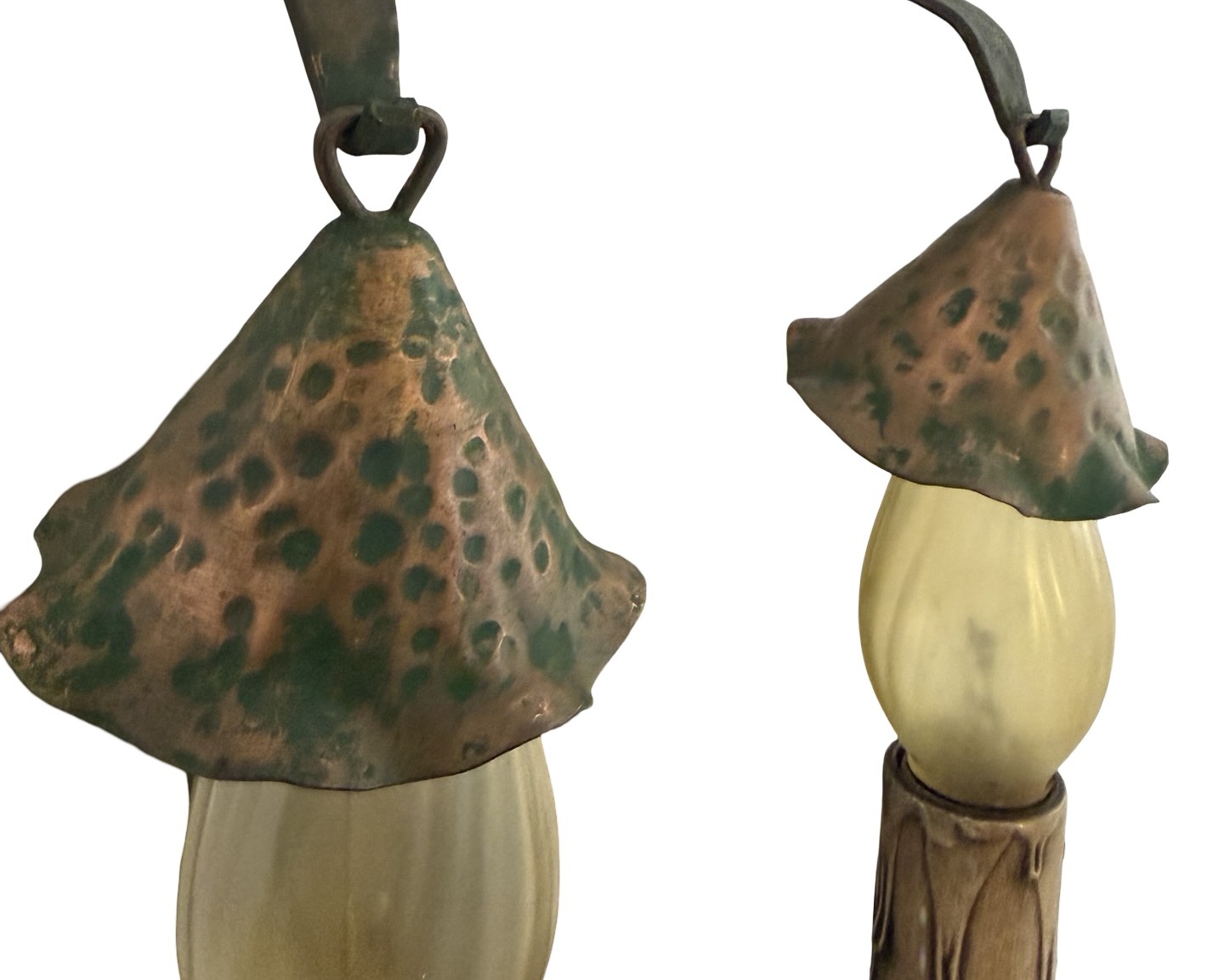 VL1373 Pr Antique c1915 Hammered Copper Plated Iron Sconces Smoke Bells Restored - Image 4