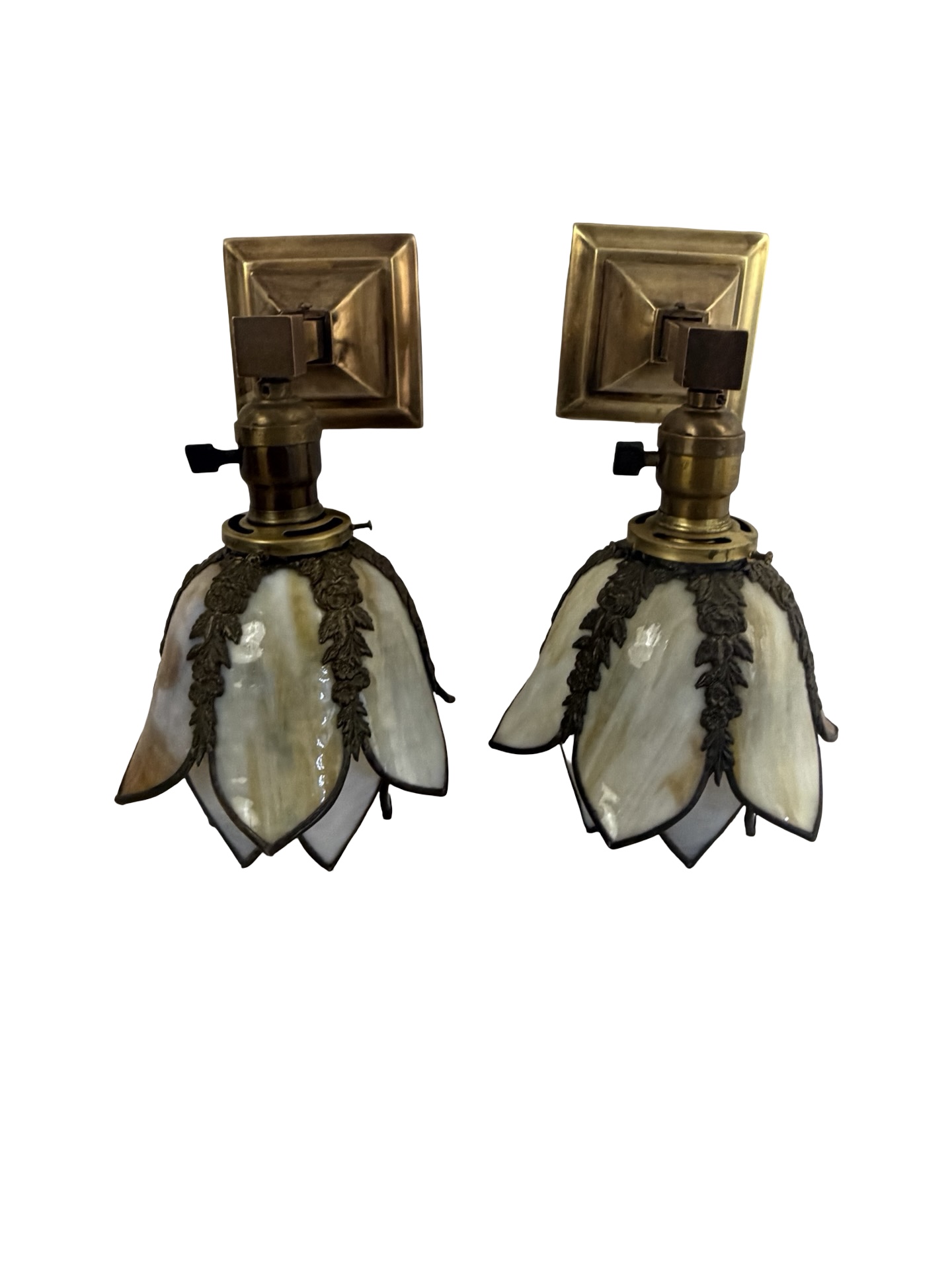 VL1368 Pair Antique Brass 1910 Sconces Williamson Slumped Petal Shades Mint RARE - Image 2