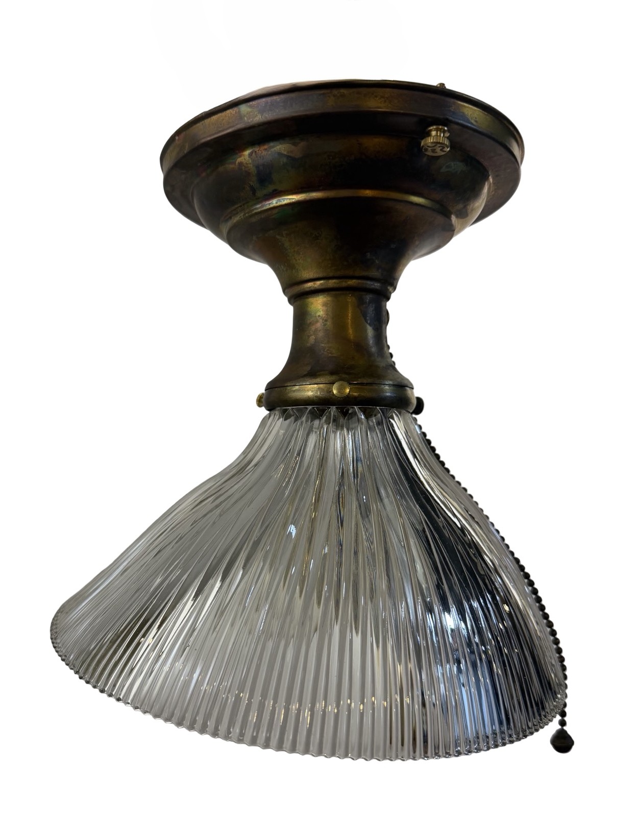 VL1382 Antique c1912 Brass Semi Flush Mount Light Angled Holophane Shade Mint - Image 2